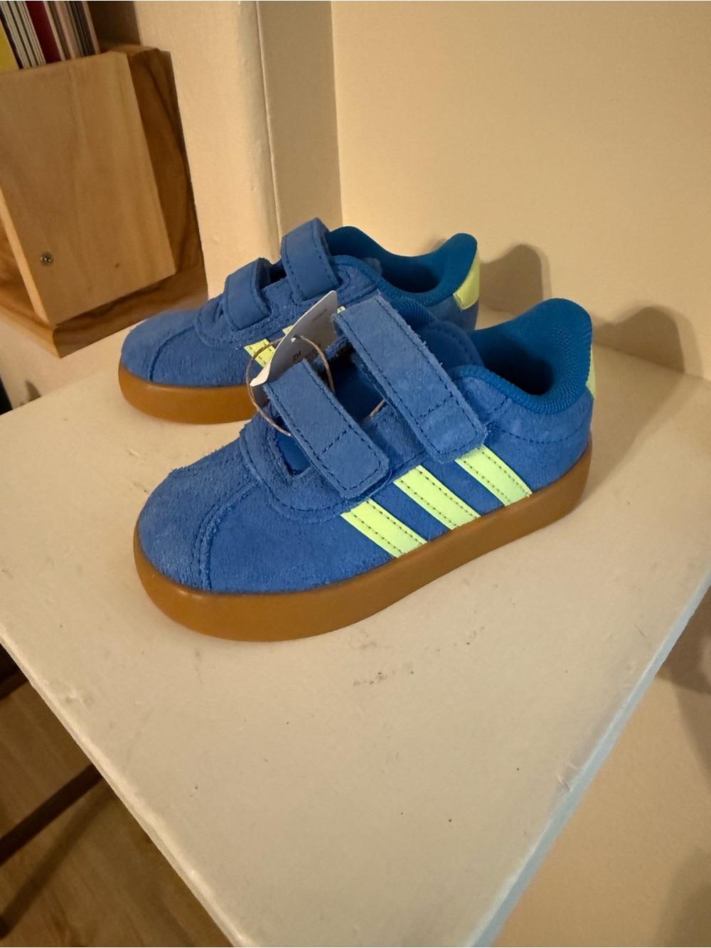 adidas Blue Suede Kids Sneakers with Neon Yellow Stripes